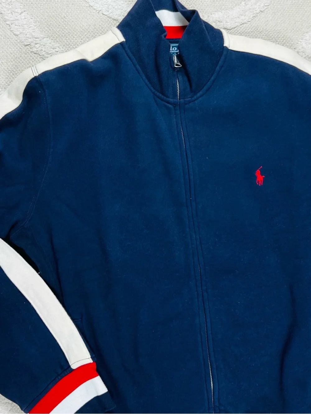 Polo Ralph Lauren Navy Track Jacket with Cream Sleeve Stripes – Size L